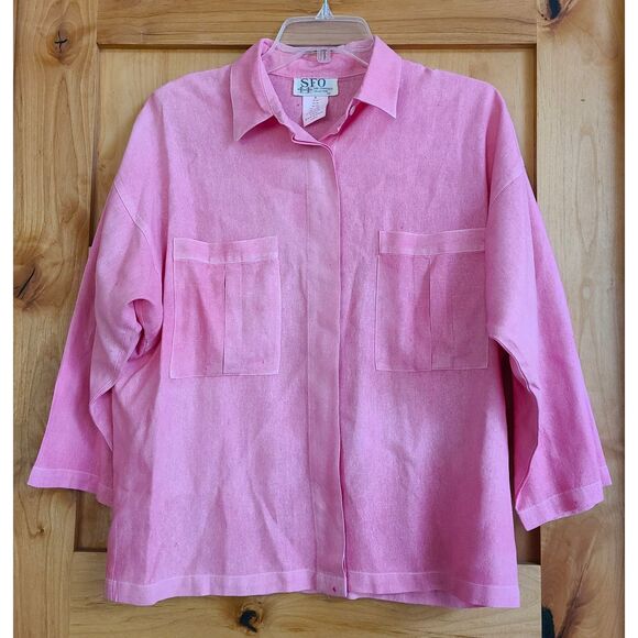 Vintage SFO 100% Linen MEDIUM Pink Button Shirt Top 3/4 Sleeve Girly Feminine M - Picture 6 of 7
